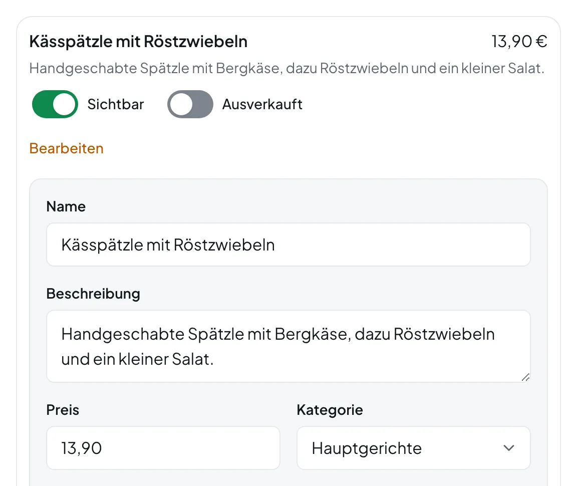 Formular des Gerichts Kässpätzle mit Röstzwiebeln, Preis 13,90 €