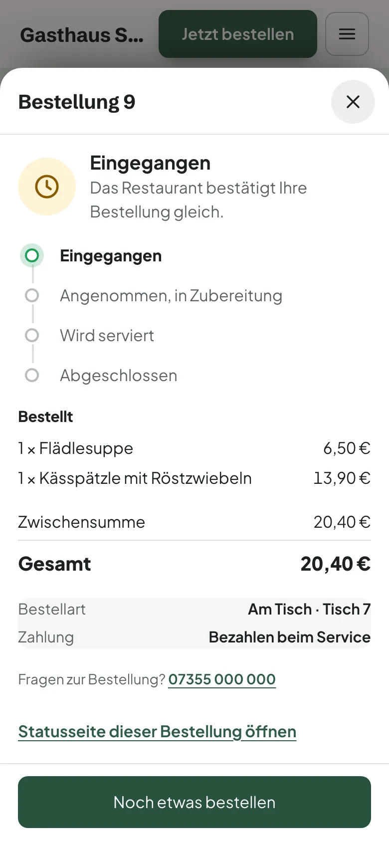 Bestätigung der Bestellung mit Bestellnummer am Handy