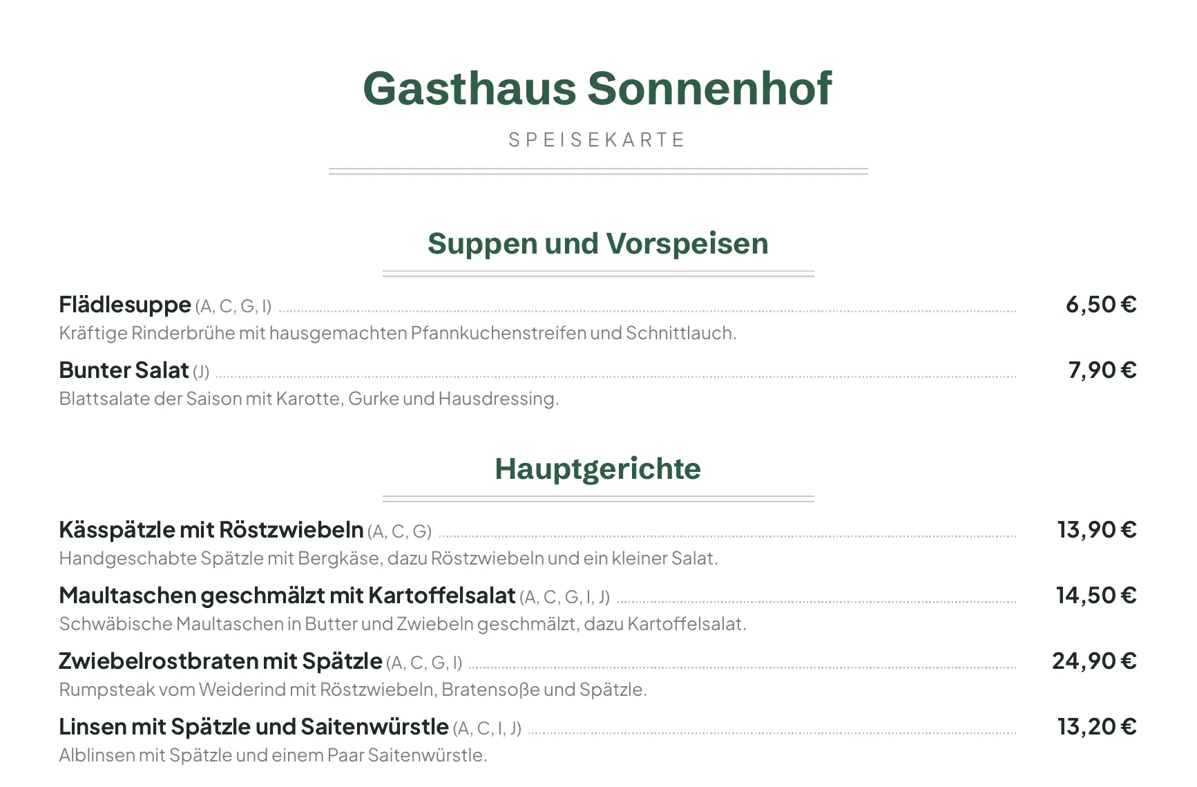 Gedruckte Speisekarte als PDF, Kässpätzle zu 13,90 €
