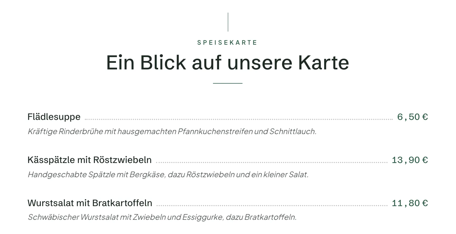 Speisekarte auf der Website des Gasthaus Sonnenhof im Stil Elegant, Kässpätzle zu 13,90 €