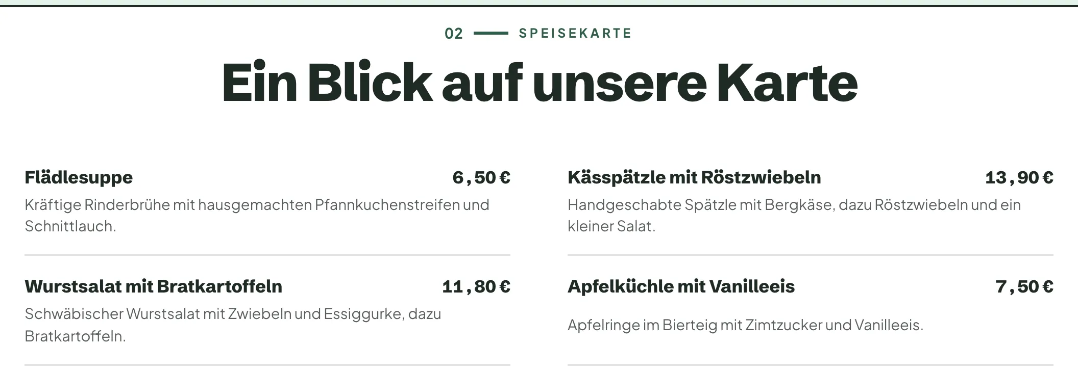 Speisekarte auf der Website des Gasthaus Sonnenhof im Stil Modern, Kässpätzle zu 13,90 €