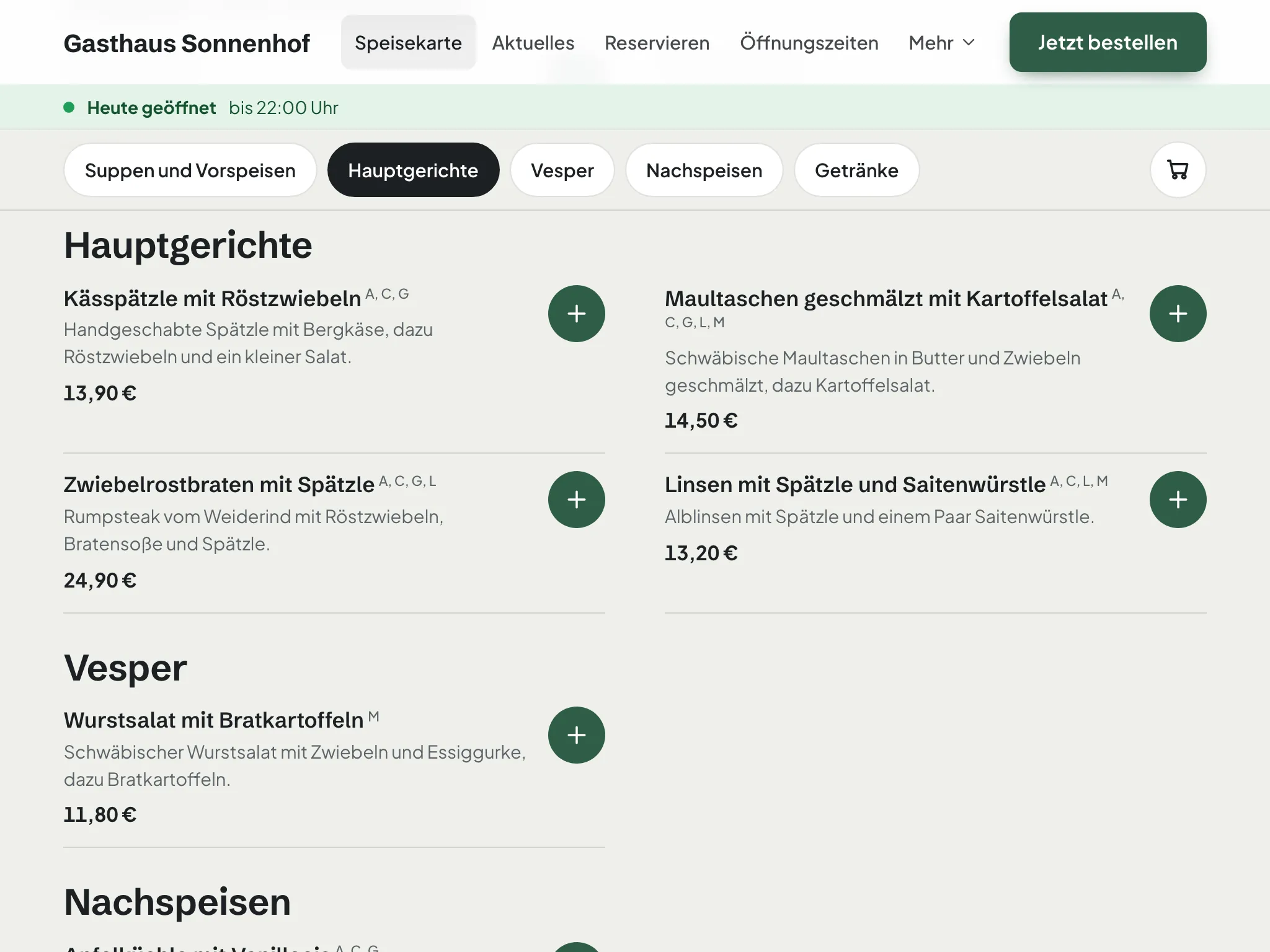 Speisekarte am Tablet, Kässpätzle zu 13,90 €