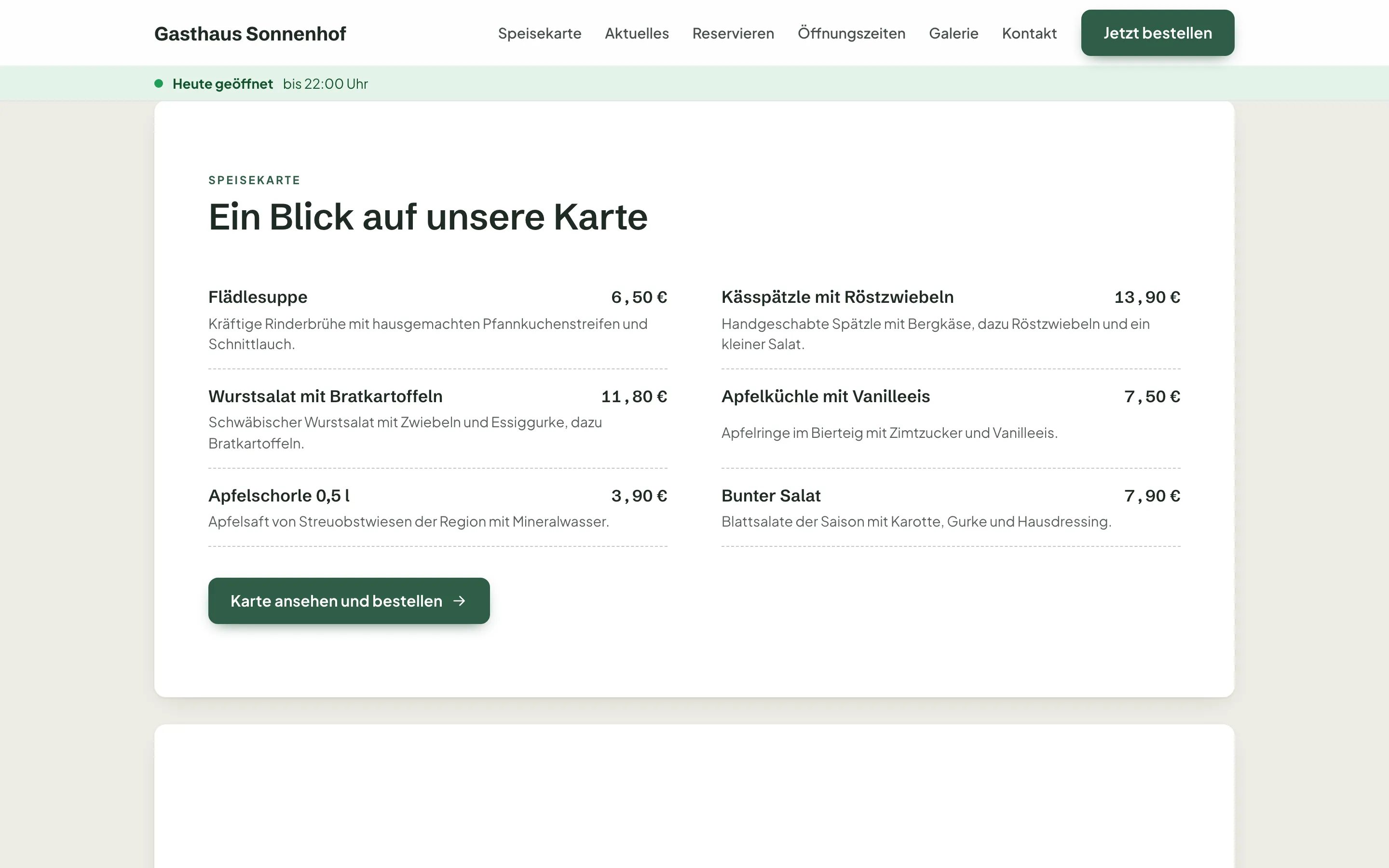 Website mit Speisekarte, Kässpätzle zu 13,90 €